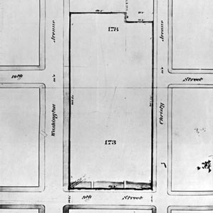 A map showing 482 feet of land on Washington Avenue and 462 feet along Lucas Avenue (then known as Christy Avenue), owned by Saint ˻ֱ University. The width of the property was 225 feet on Ninth Street.
